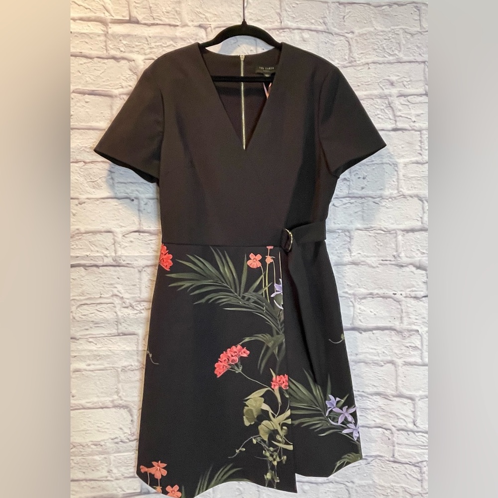 Ted Baker Black and Green Asymmetrical Tie Front Sheath Dress